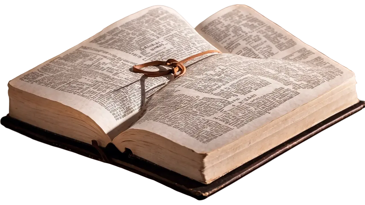 A well-worn open Bible with a leather cord marker